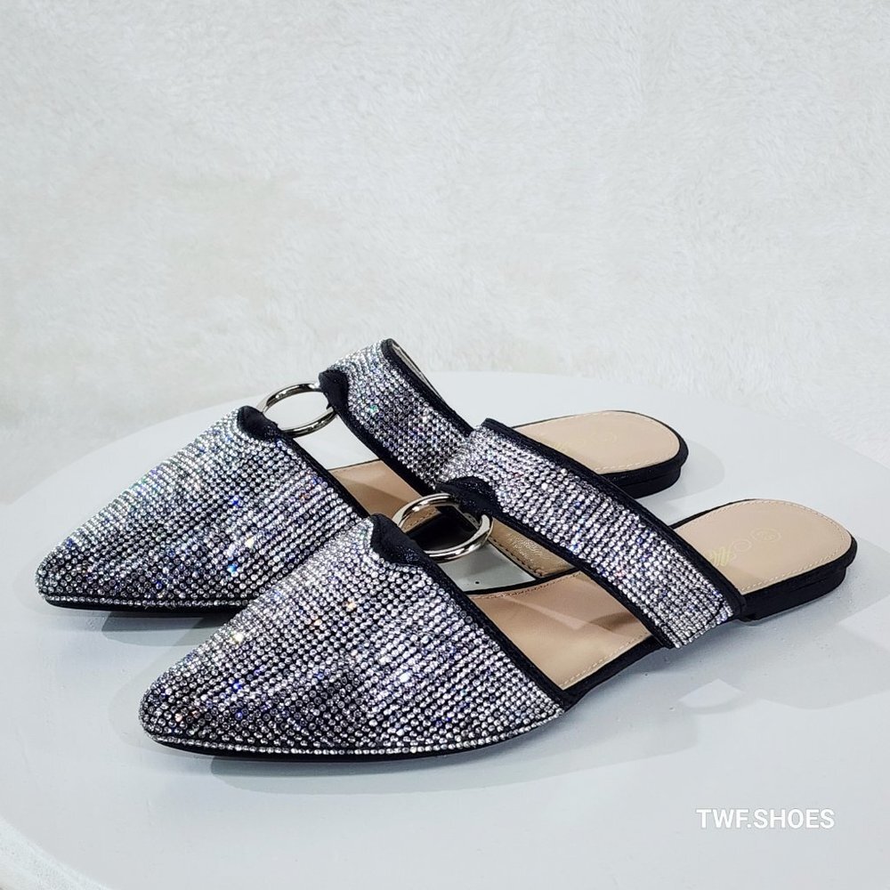 Bella Colorful Iridescent Rhinestone Slip On Flats Mules Clogs Evening Sandals